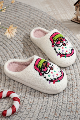 White Starry Santa Claus Pattern Christmas Plush Slippers