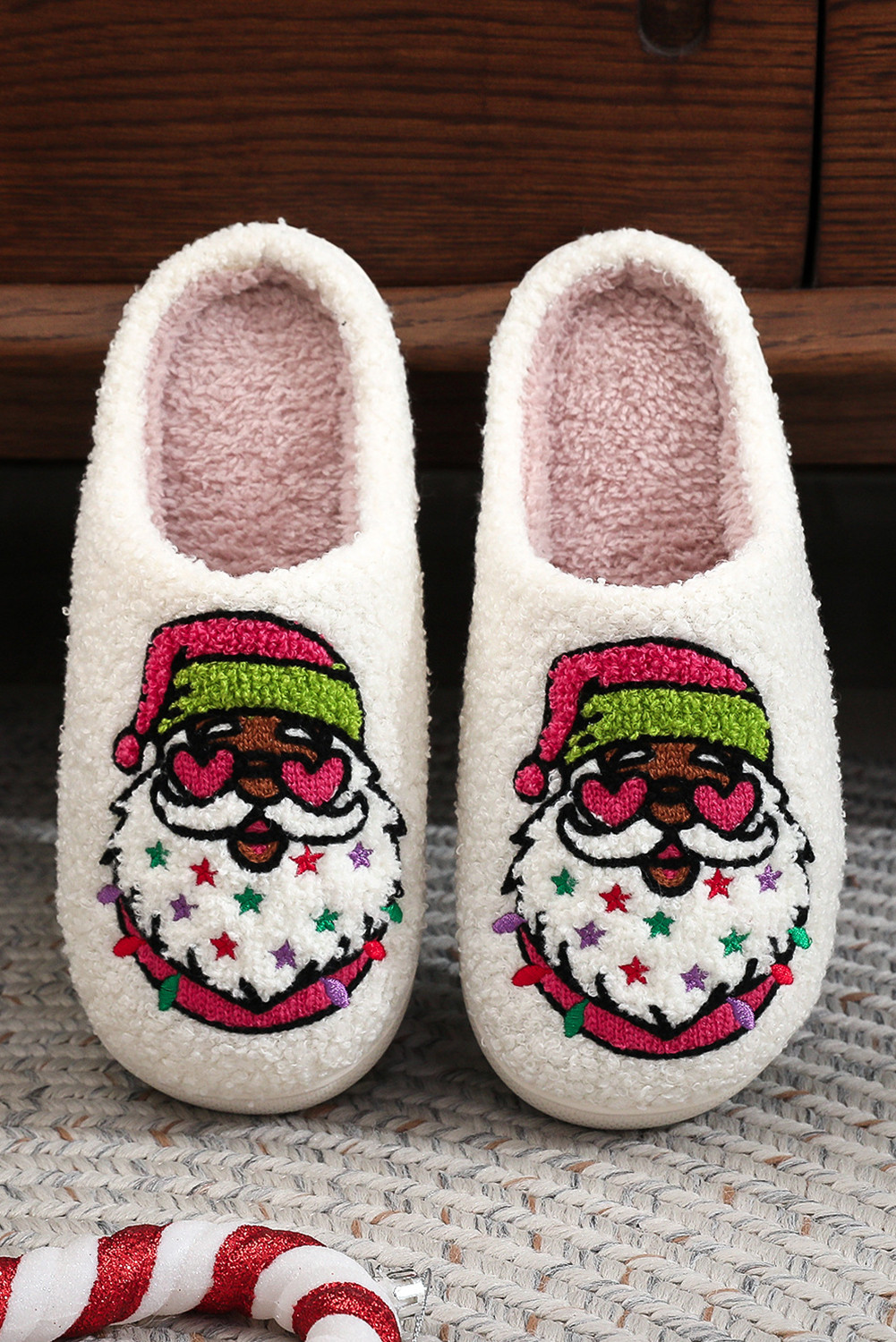 White Starry Santa Claus Pattern Christmas Plush Slippers