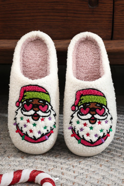 White Starry Santa Claus Pattern Christmas Plush Slippers