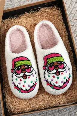 White Starry Santa Claus Pattern Christmas Plush Slippers