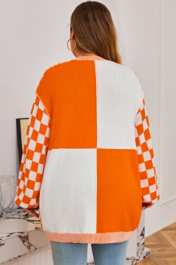 Orange Checkered Plus Size Drop Shoulder Knit Cardigan