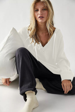 White Oversize Waffle Drop Shoulder Exposed Seam V Neck Hoodie