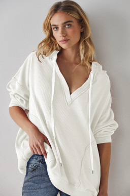 White Oversize Waffle Drop Shoulder Exposed Seam V Neck Hoodie