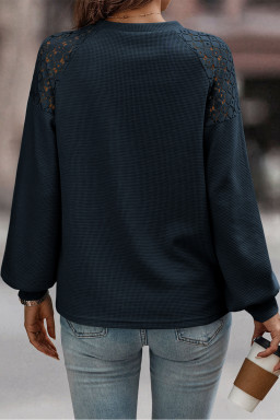 Real Teal Lace Patchwork Long Sleeve Textured Pullover