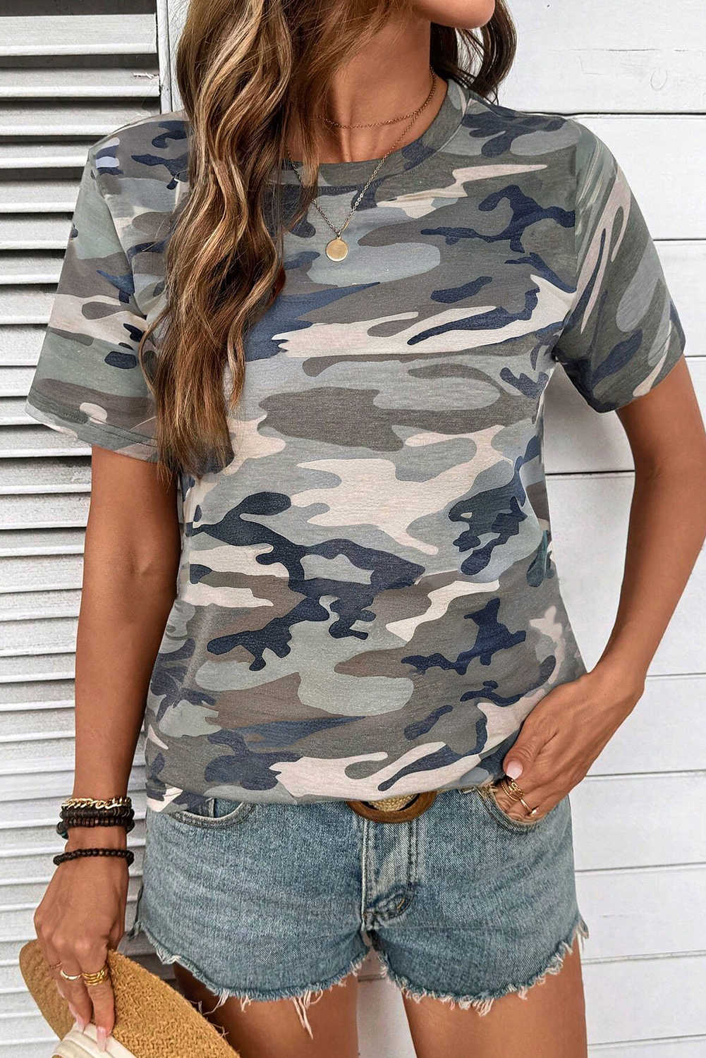 Green Camo Print Crew Neck Short Sleeve Tee