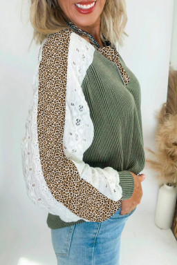 Vineyard Green Texture Patchwork Lace Sleeve Leopard Henley Top