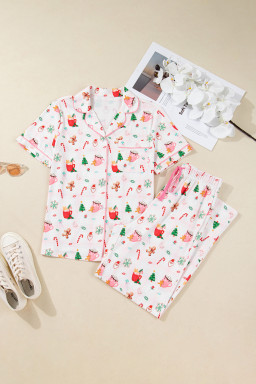 Pink Christmas Spirit Cute Holiday Print Short Sleeve Shirt and Pants Pajama Set