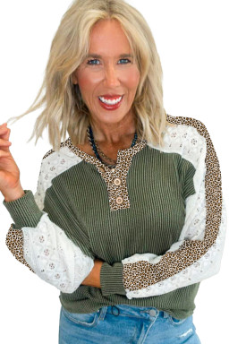 Vineyard Green Texture Patchwork Lace Sleeve Leopard Henley Top