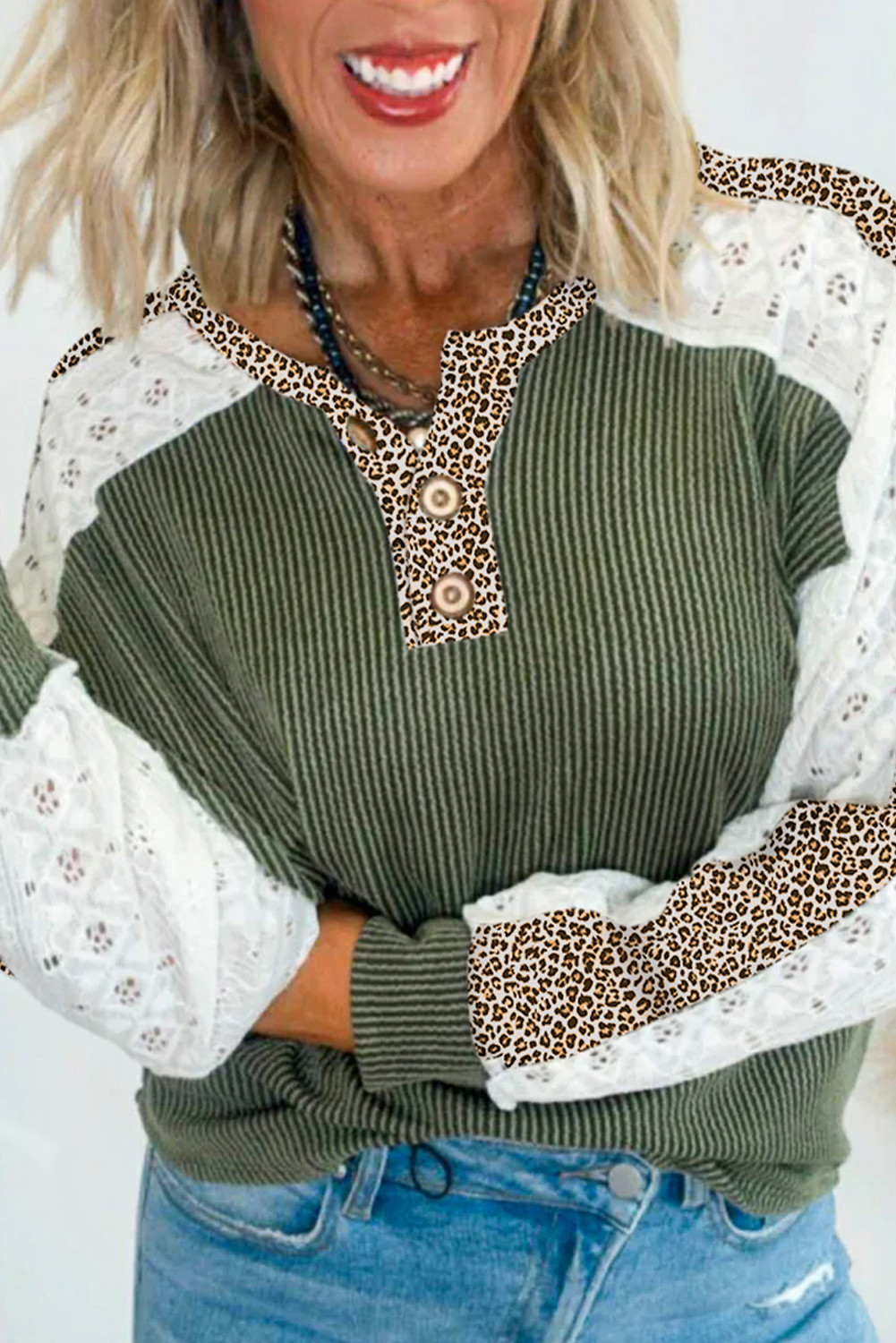 Vineyard Green Texture Patchwork Lace Sleeve Leopard Henley Top