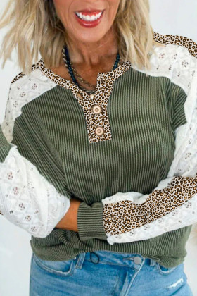 Vineyard Green Texture Patchwork Lace Sleeve Leopard Henley Top