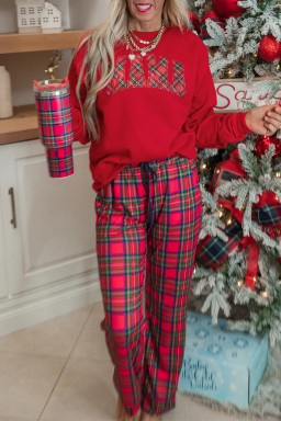 Red Plaid MAMA Graphic Christmas Holiday Crewneck Pullover and Pants Lounge Set