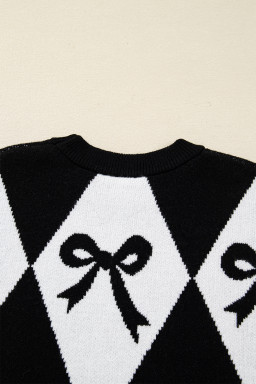Black Bow Pattern 2-tone Rhombus Knit Loose Sweater