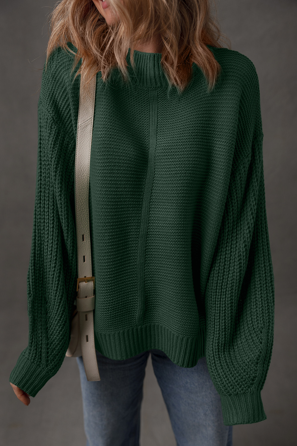 Mist Green Solid Color Front Seam Drop Shoulder Loose Sweater