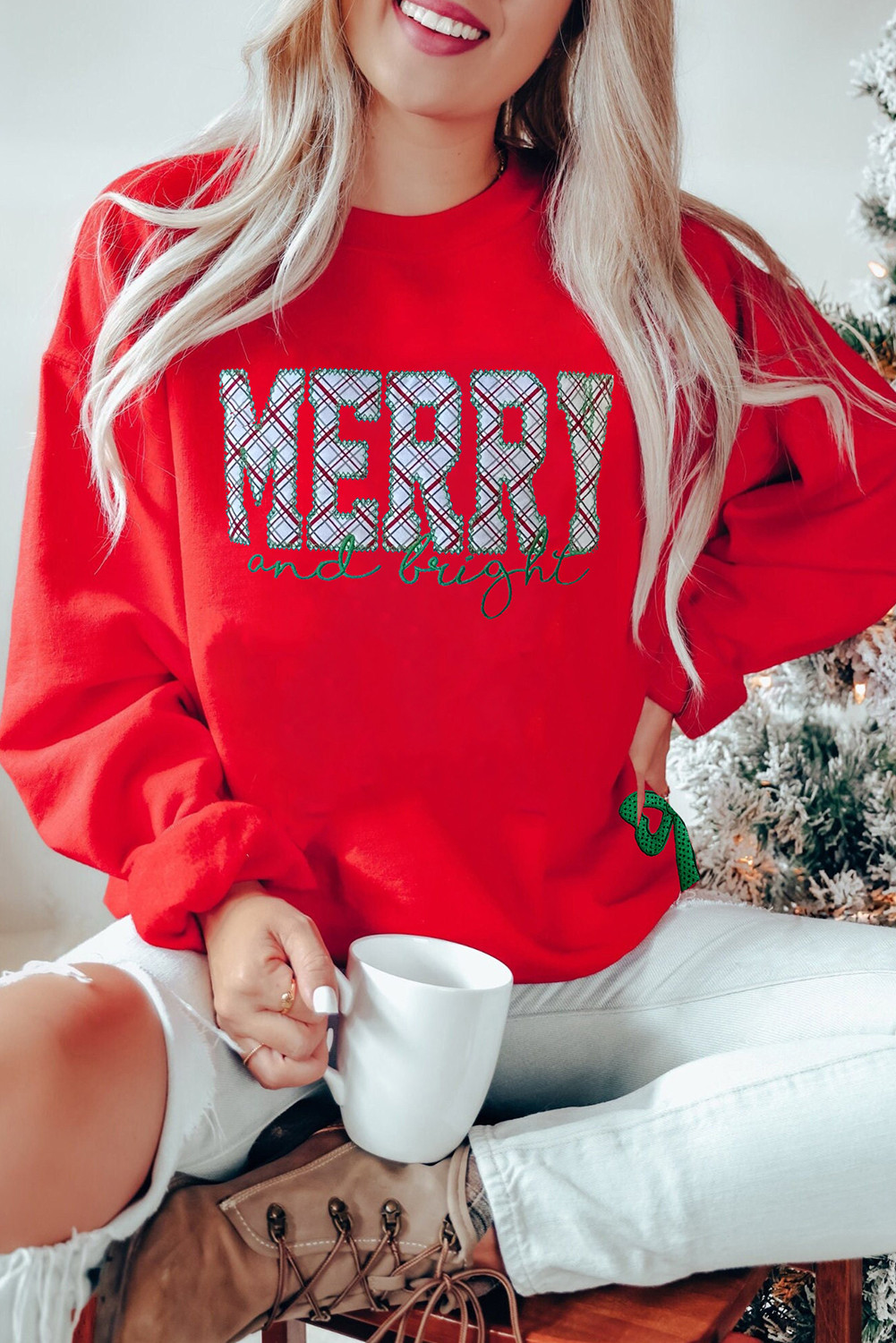 Fiery Red Merry and Bright Plaid Embroidered Letter Sequin Bow Decor Christmas Sweatshirt