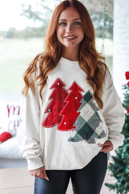 White Pearl Plaid Christmas Tree Patched Drop Shoulder Sweatshirt