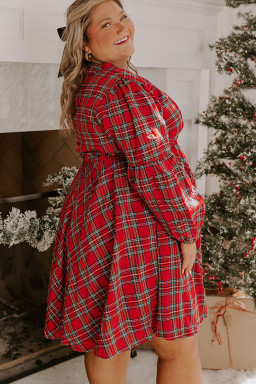 Red Plaid Half Button Long Sleeve Holiday Plus Size Dress