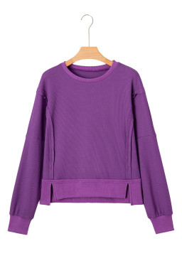 Orchid Mist Solid Color Raw Seam Patchwork Ribbed Drop Shoulder Sweatshirt