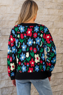 Black Vibrant Floral V Neck Knit Cardigan