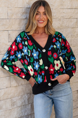 Black Vibrant Floral V Neck Knit Cardigan