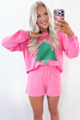 Sachet Pink Plaid Christmas Tree Patched Pullover 2pcs Shorts Set