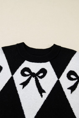 Black Bow Pattern 2-tone Rhombus Knit Loose Sweater