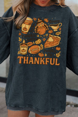 Dark Grey Twisted Ribbed THANKFUL Fall Fashion Heat Transfer Printing Baggy Sweatshirt