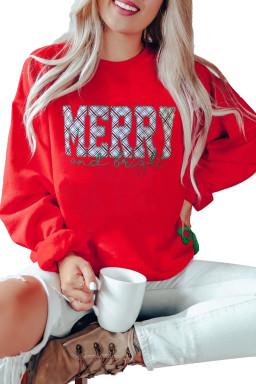 Fiery Red Merry and Bright Plaid Embroidered Letter Sequin Bow Decor Christmas Sweatshirt