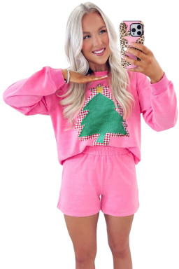 Sachet Pink Plaid Christmas Tree Patched Pullover 2pcs Shorts Set