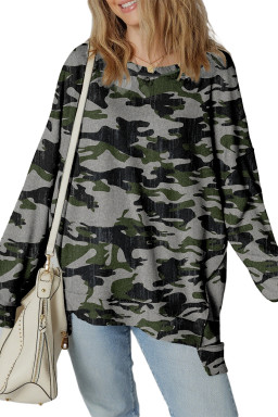 Green Camouflage Print Exposed Seam Drop Shoulder Sweatshirt