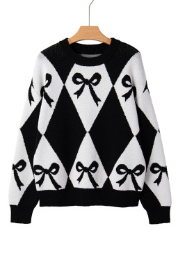 Black Bow Pattern 2-tone Rhombus Knit Loose Sweater