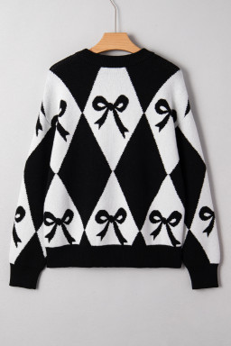 Black Bow Pattern 2-tone Rhombus Knit Loose Sweater