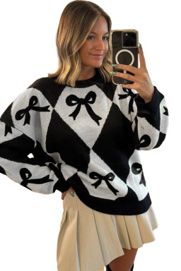 Black Bow Pattern 2-tone Rhombus Knit Loose Sweater