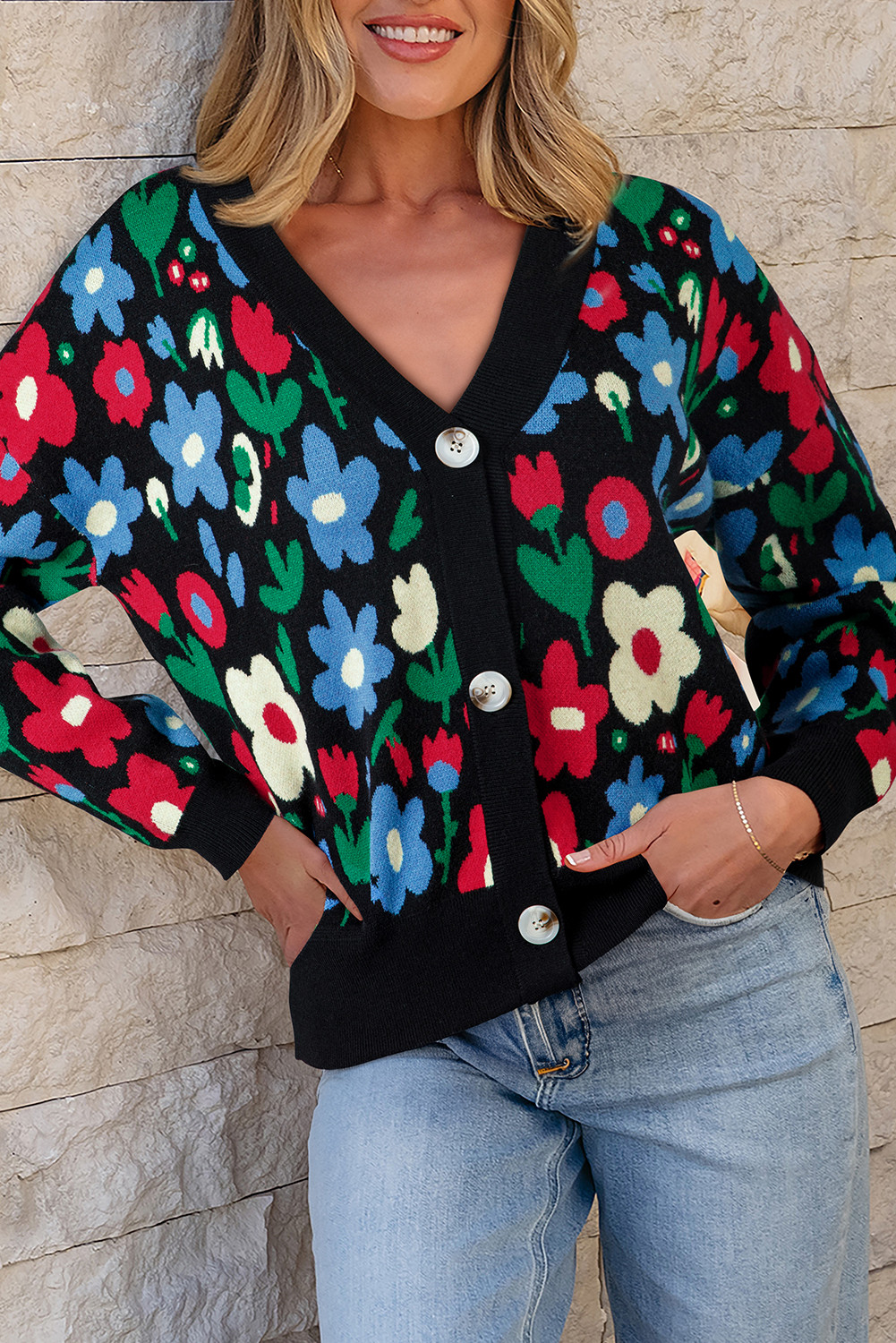 Black Vibrant Floral V Neck Knit Cardigan