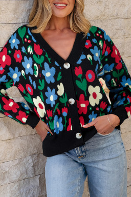 Black Vibrant Floral V Neck Knit Cardigan