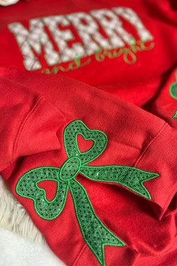 Fiery Red Merry and Bright Plaid Embroidered Letter Sequin Bow Decor Christmas Sweatshirt