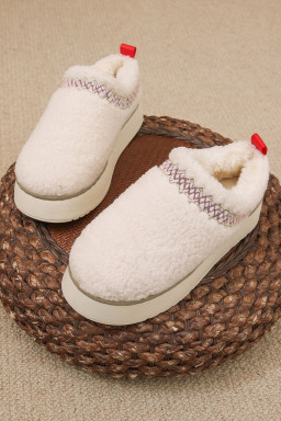 White Fleece Contrast Trim Plush Thick Sole Slippers