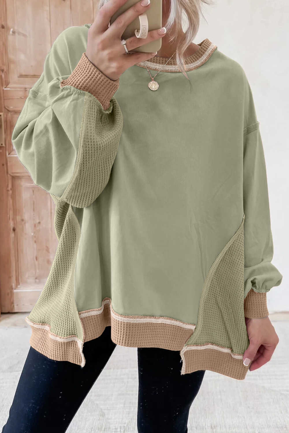 Smoke Green Colorblock Waffle Patchwork Oversize Sweatshirt