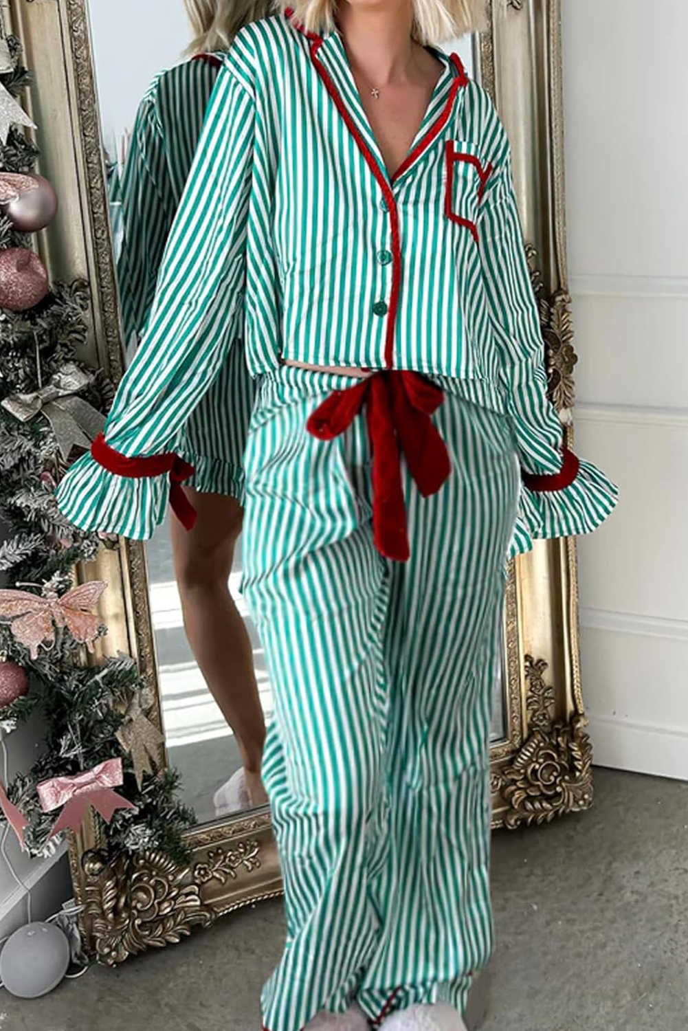 Green Striped Contrast Velvet Trim Knot Waist Pajama Set