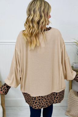 Beige Stars Pattern Leopard Patchwork Round Neck Sweatshirt
