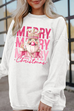 White Twisted Ribbed Merry Christmas Nutcracker King Heat Transfer Printing Sweatshirt