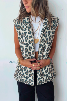Brown Allover Leopard Print Open Front Jacket Vest