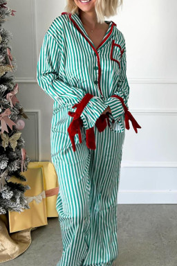 Green Striped Contrast Velvet Trim Knot Waist Pajama Set