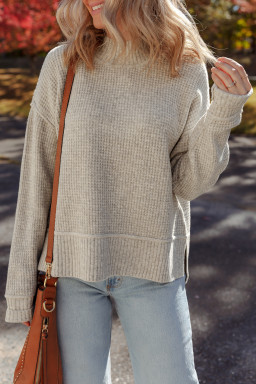Gray Morn Waffle Knit Ribbed High Neck Drop Shoulder Sweater