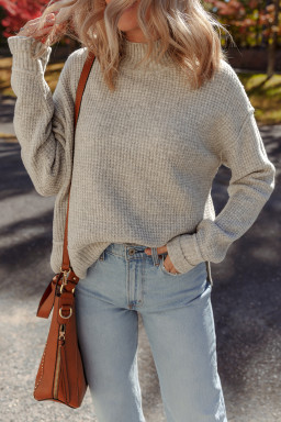 Gray Morn Waffle Knit Ribbed High Neck Drop Shoulder Sweater