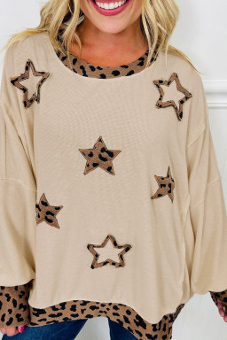Beige Stars Pattern Leopard Patchwork Round Neck Sweatshirt
