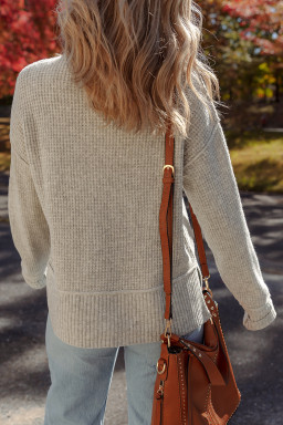 Gray Morn Waffle Knit Ribbed High Neck Drop Shoulder Sweater