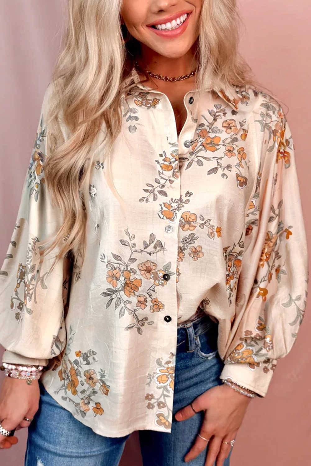 Apricot Floral Print Button-Up Bubble Sleeve Shirt