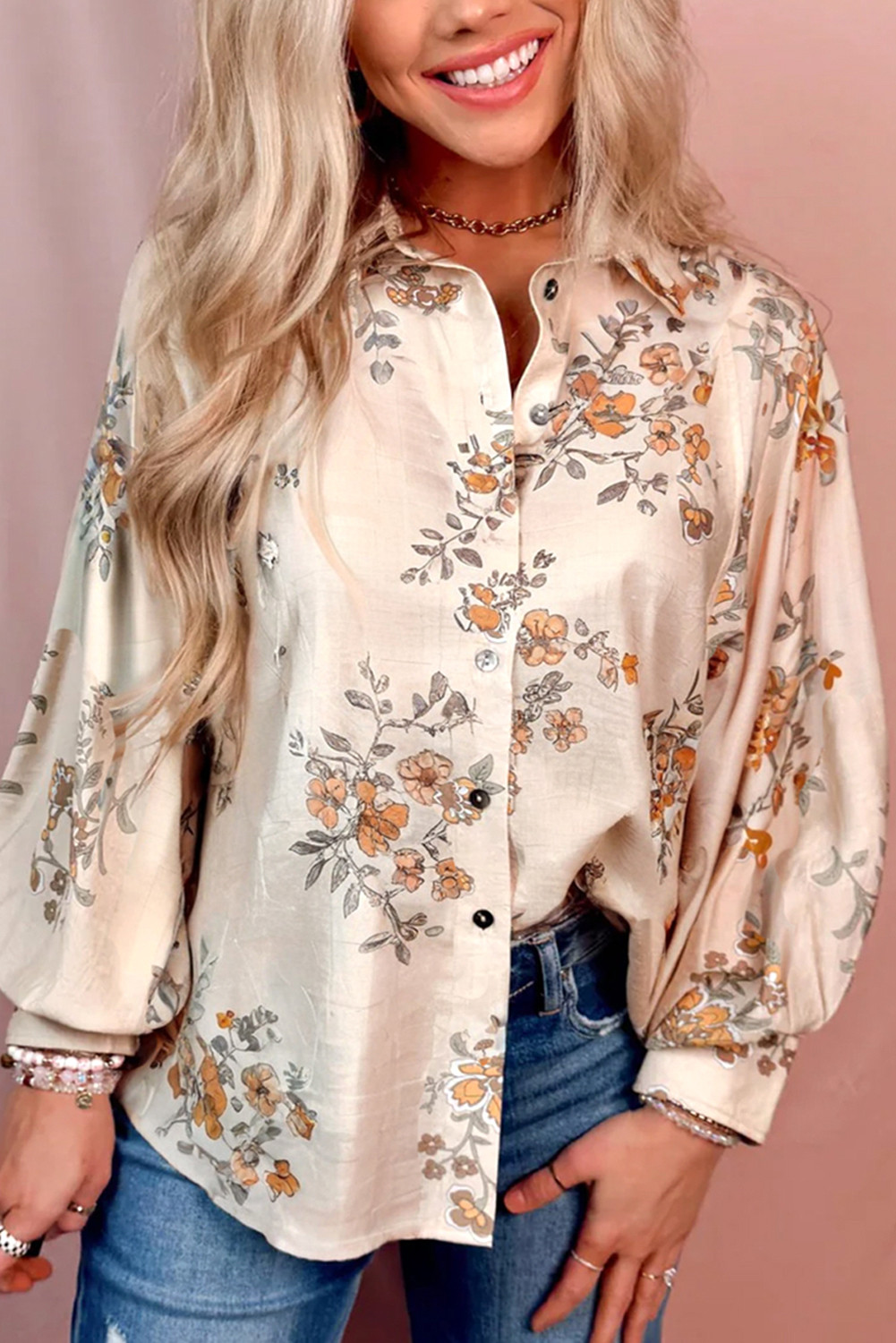 Apricot Floral Print Button-Up Bubble Sleeve Shirt