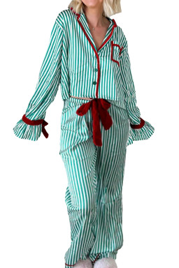 Green Striped Contrast Velvet Trim Knot Waist Pajama Set