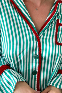 Green Striped Contrast Velvet Trim Knot Waist Pajama Set